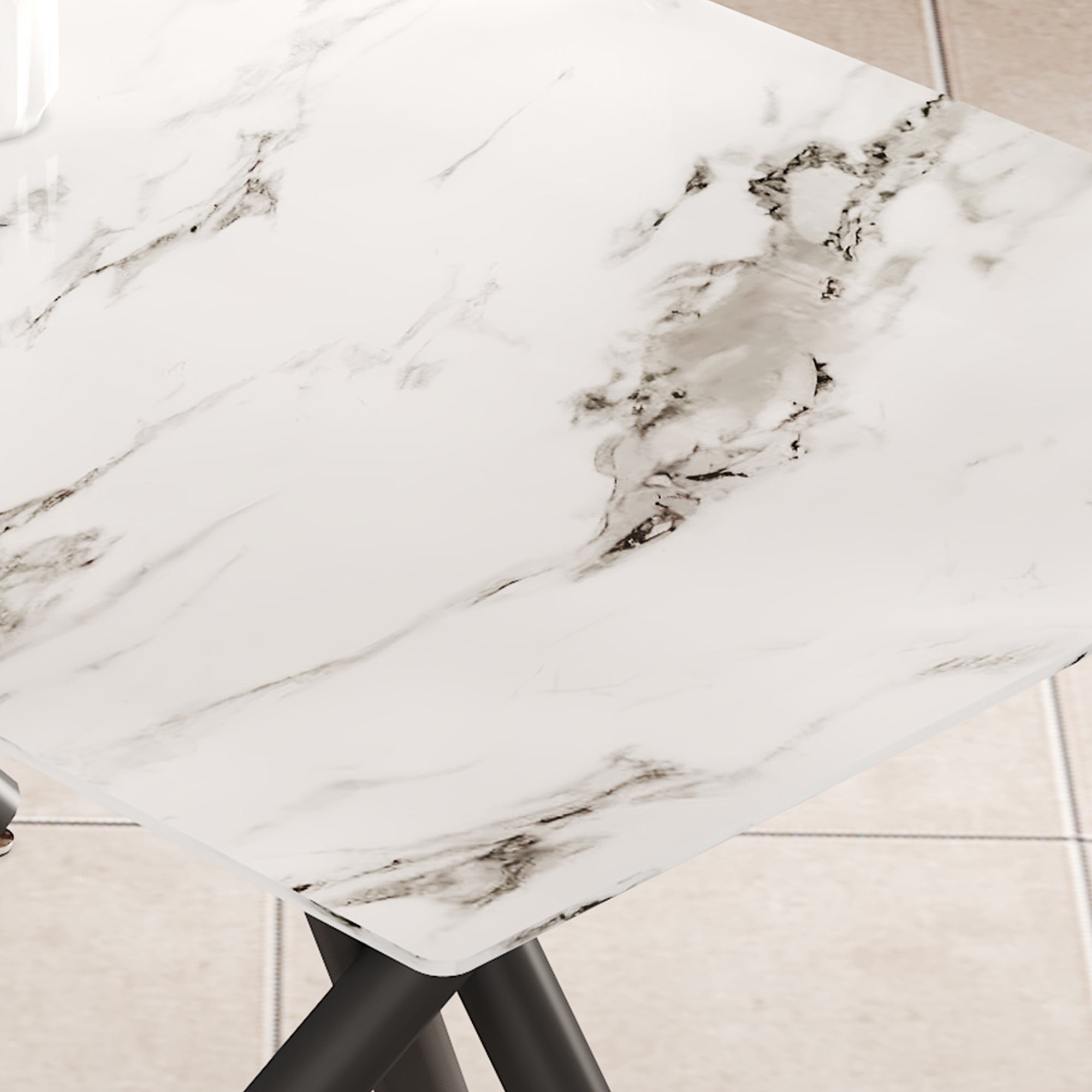 White Marble Dining Table & 8 Black Chairs Set F-1538