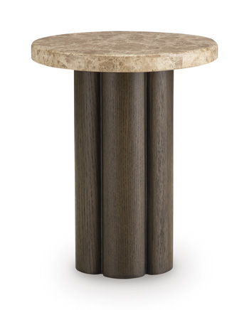 Burnished brown round chair side end table with ribbed cylindrical base and flat top