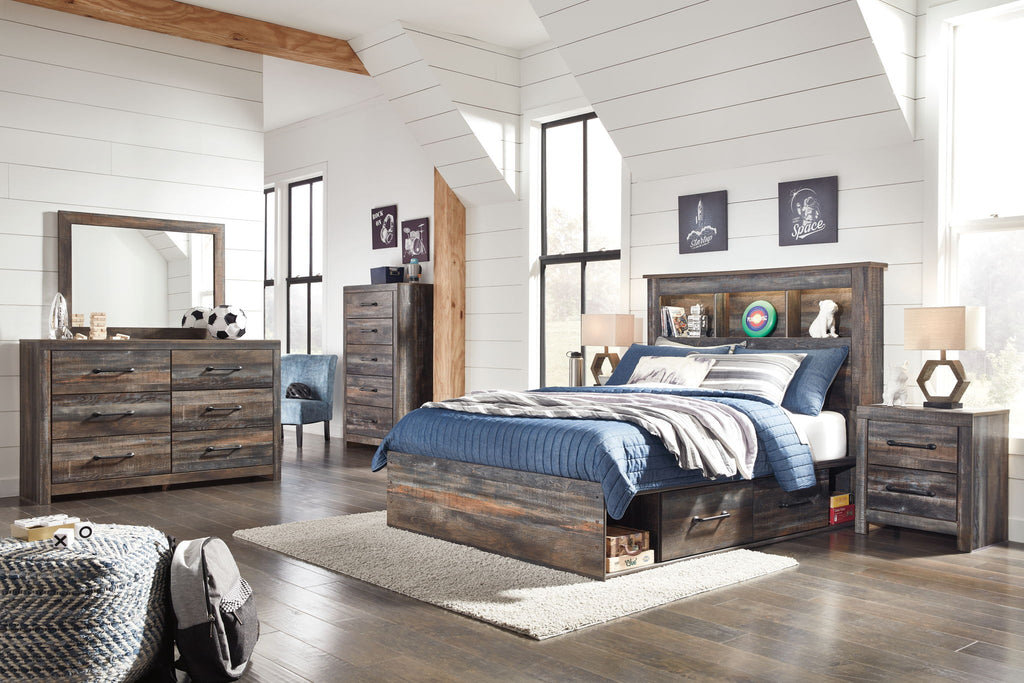 Panel bookcase bed with under-drawer storage, dark wood frame, blue bedding, open back shelf