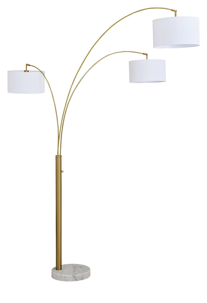 Gold metal arc floor lamp with three white drum shades and round foot