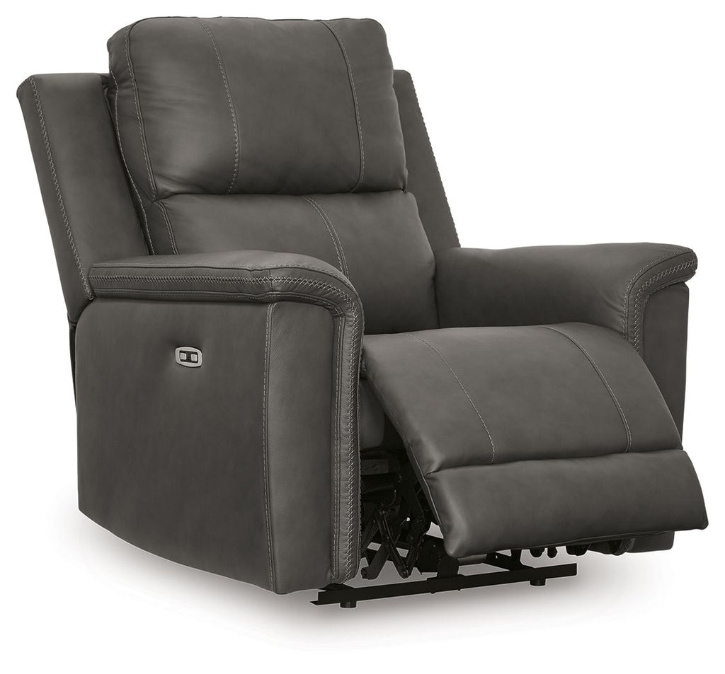 Power recliner in dark gray with adjustable headrest, footrest extended, side view