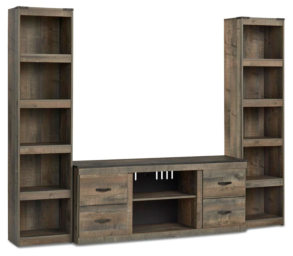 Brown 3-piece entertainment center with open shelves, TV console, and drawer storage