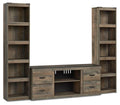 Brown 3-piece entertainment center with open shelves, TV console, and drawer storage