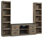 Brown 3-piece entertainment center with open shelves, TV console, and drawer storage
