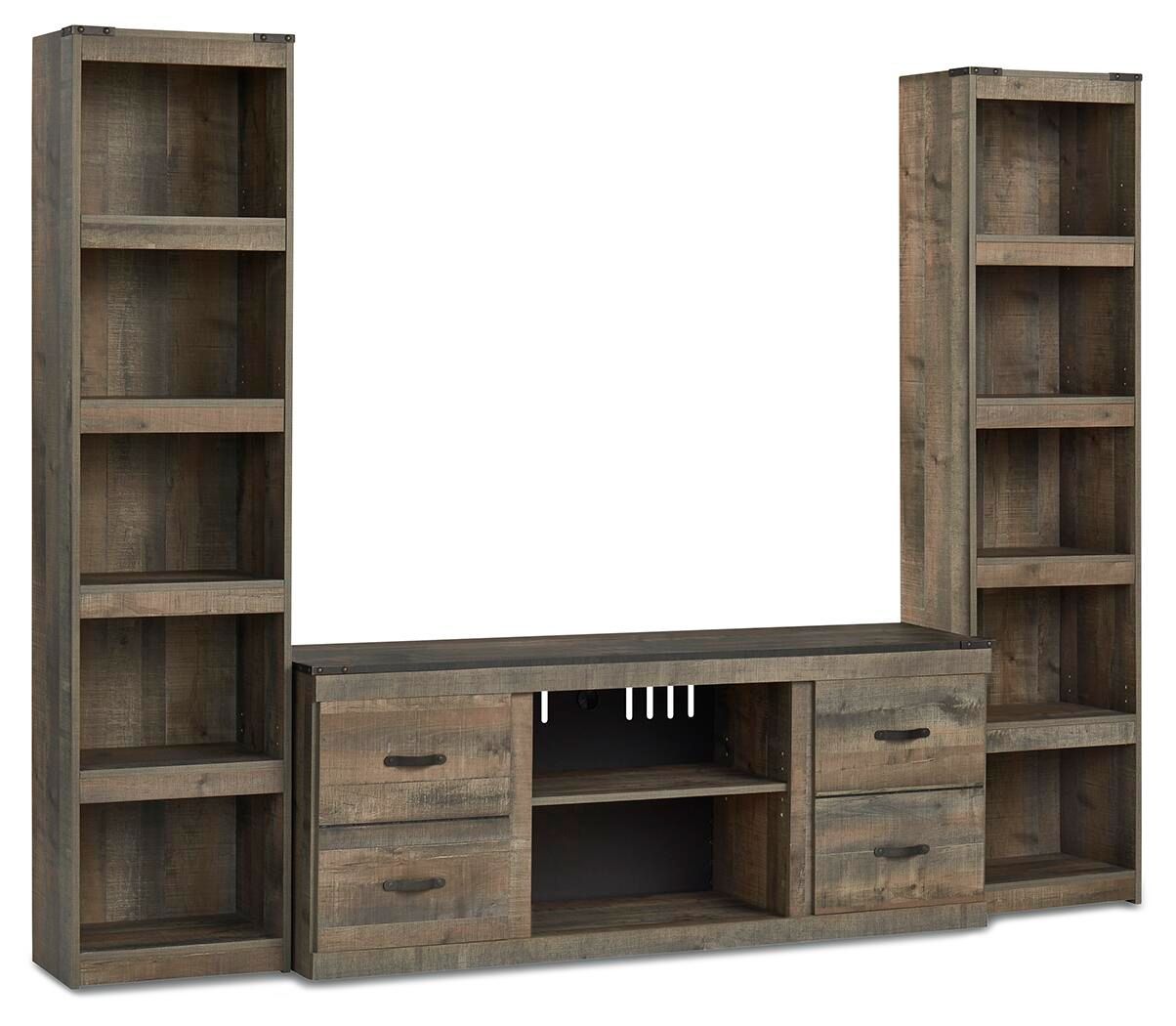 Brown 3-piece entertainment center with open shelves, TV console, and drawer storage