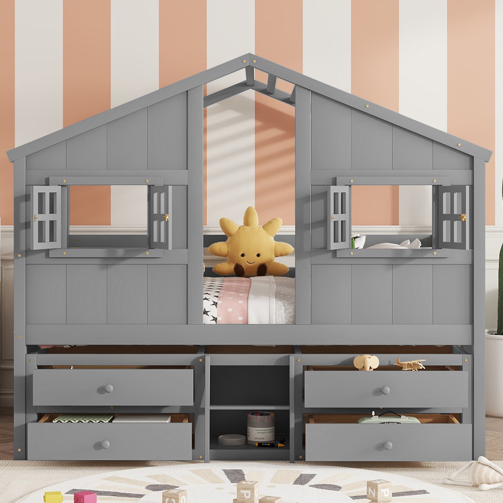 Grey Full Size House Loft Bed with Storage Drawers & Ladder