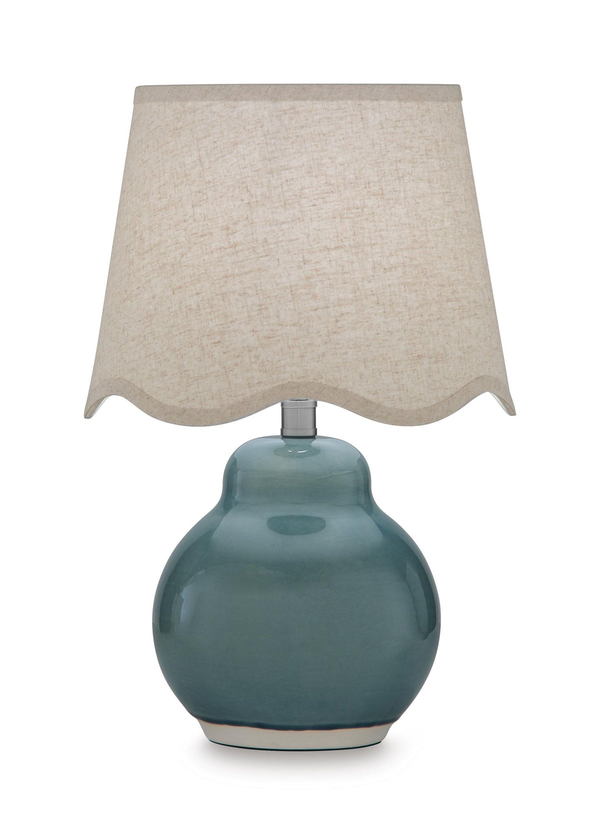Teal-blue ceramic table lamp with beige fabric drum shade and metal center stem