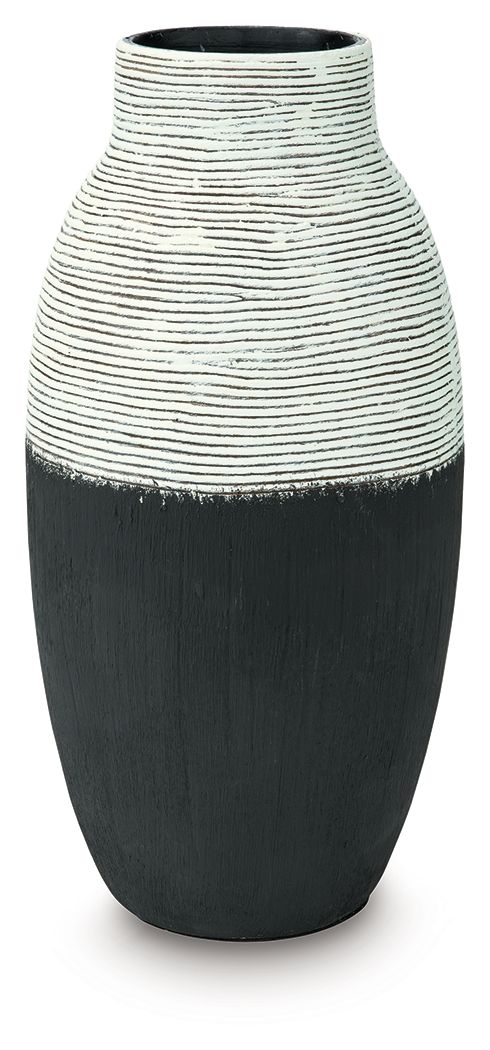 Black and white ceramic vase with flared top and horizontal stripe texture