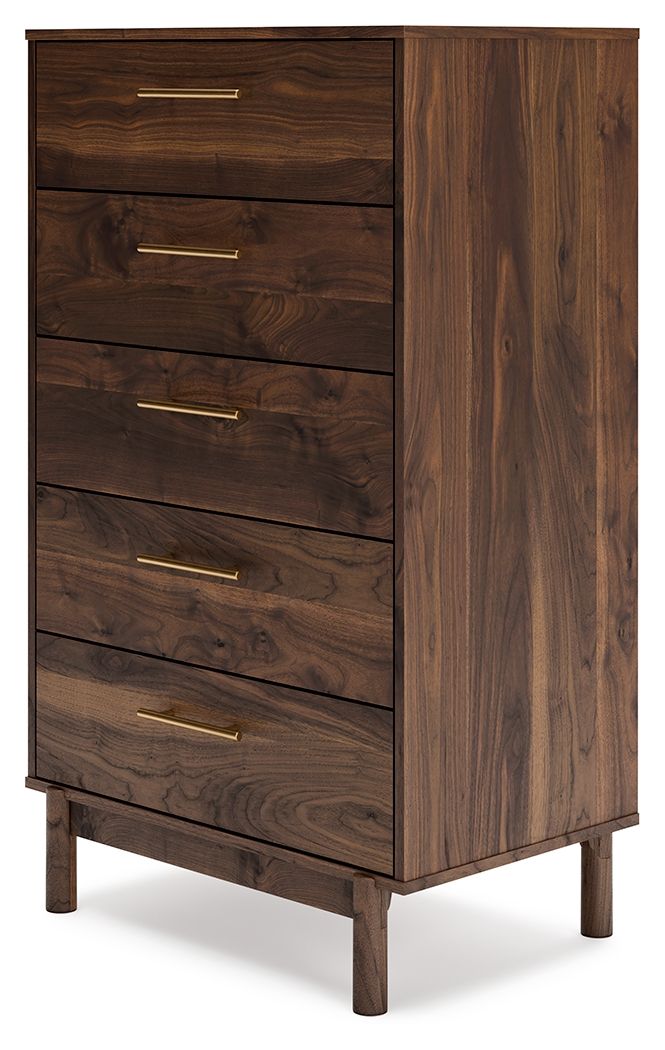 Mocha wood accent drawer chest with four drawers and brass bar handles, vertical side view
