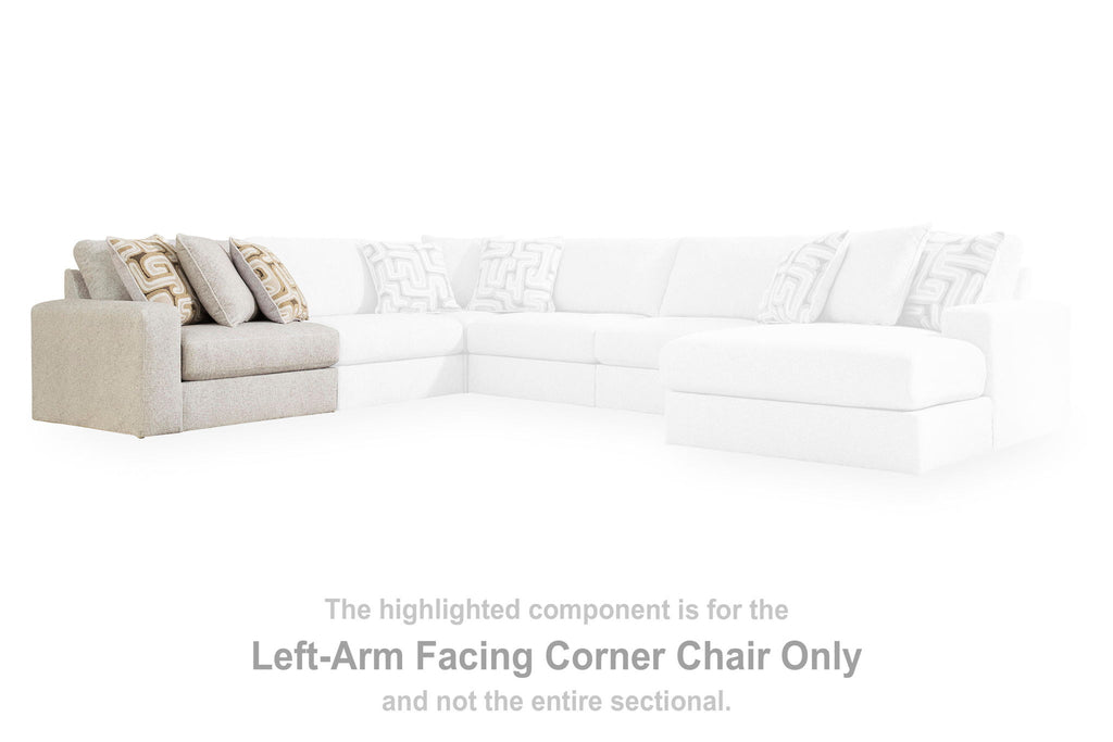 Sectional sofa showing left-arm facing corner chair component with light beige upholstery