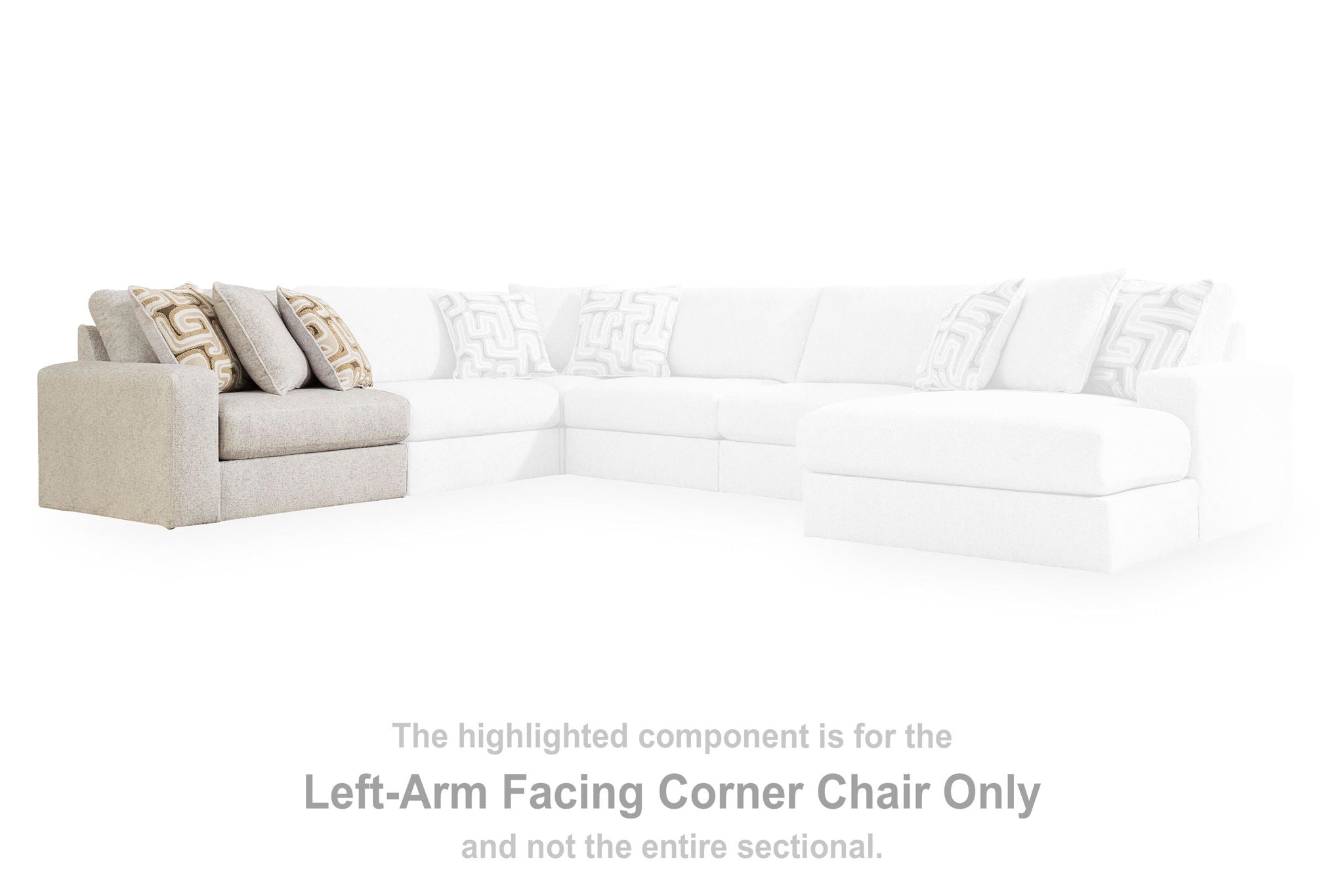 Sectional sofa showing left-arm facing corner chair component with light beige upholstery