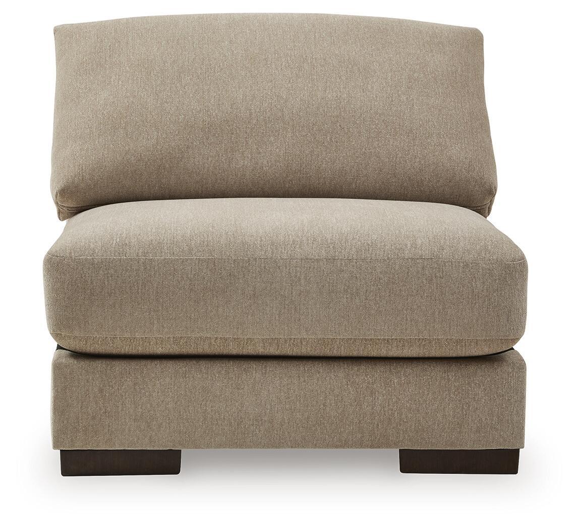 Beige armless chair with wide backrest, thick seat cushion, and dark base legs