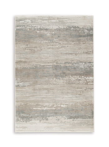 Rectangular area rug with neutral beige and gray distressed horizontal pattern