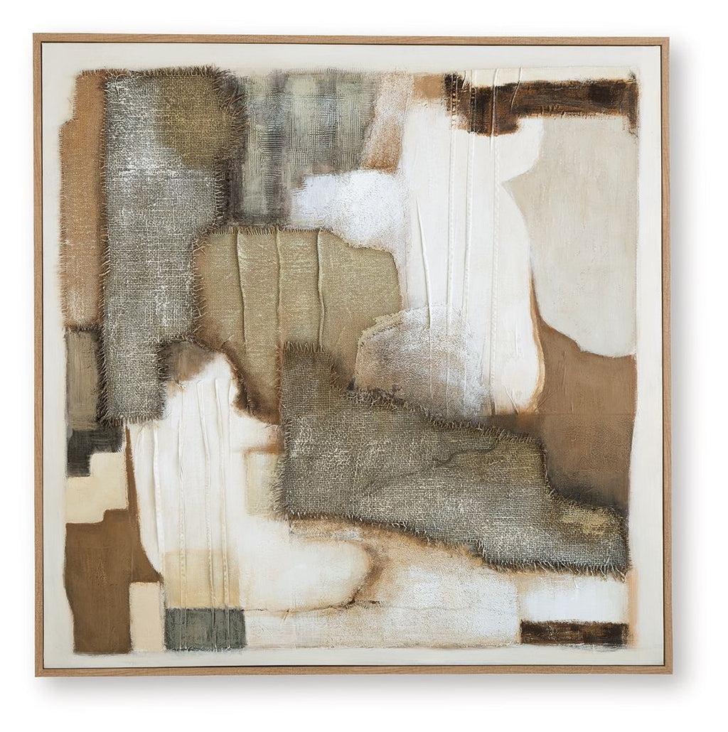 Framed abstract wall art with tan, brown, gray, and white layered blocks