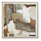 Framed abstract wall art with tan, brown, gray, and white layered blocks