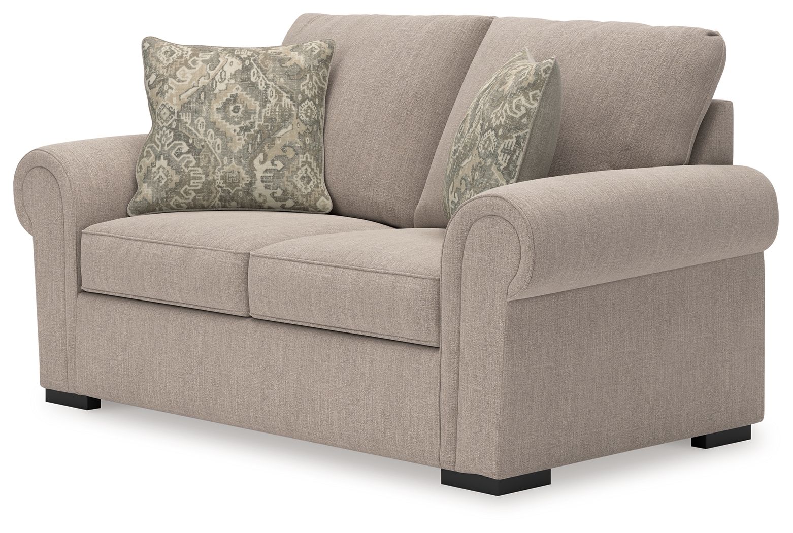 Beige loveseat with curved rolled arms, two seat cushions, and three patterned throw pillows