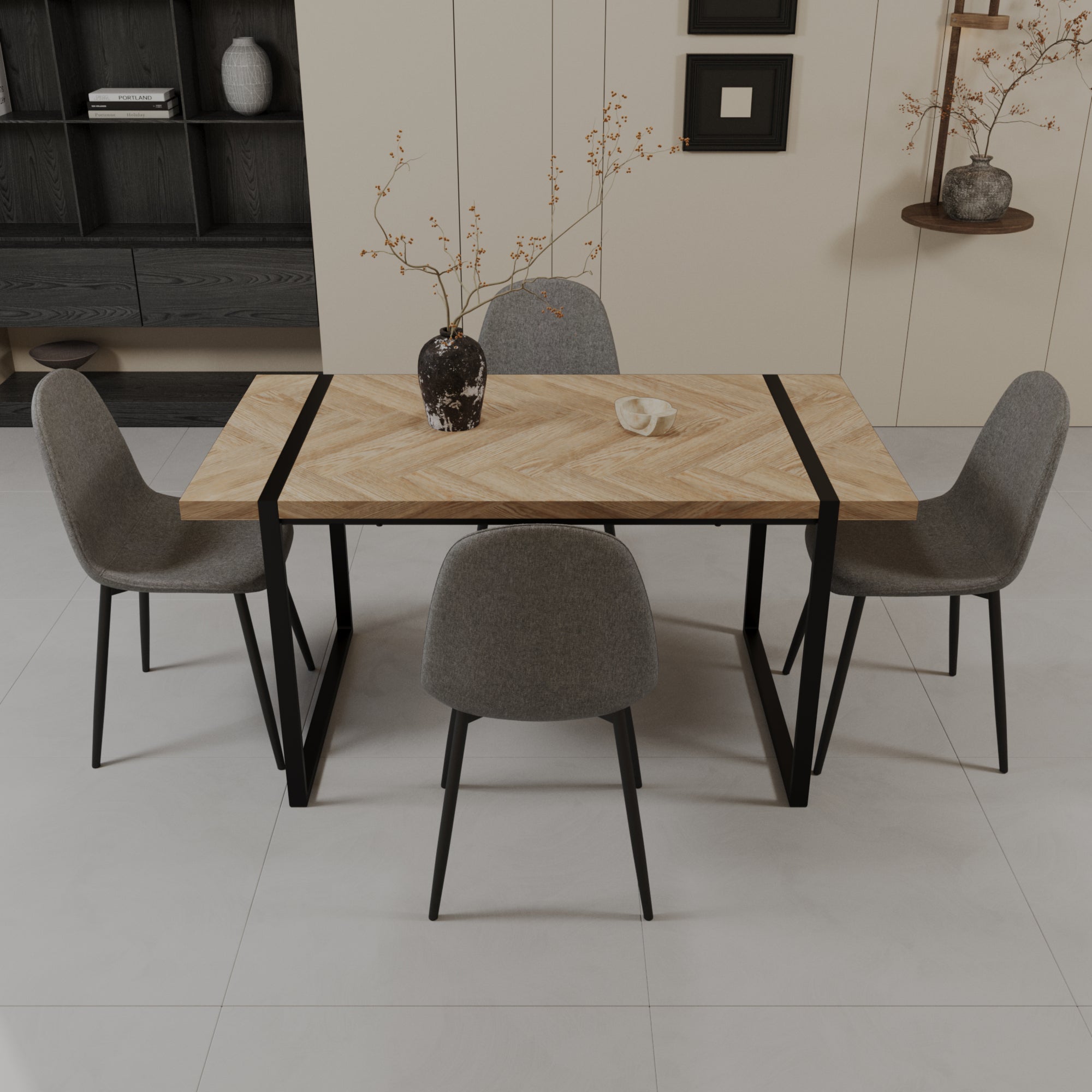 59" Modern Dining Table & 4 Suede Chairs Set
