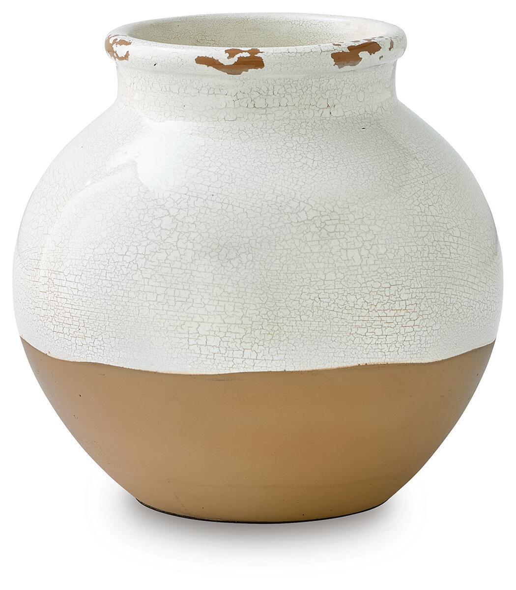 Vercott white ceramic vase with crackle glaze and tan bottom, centered front view