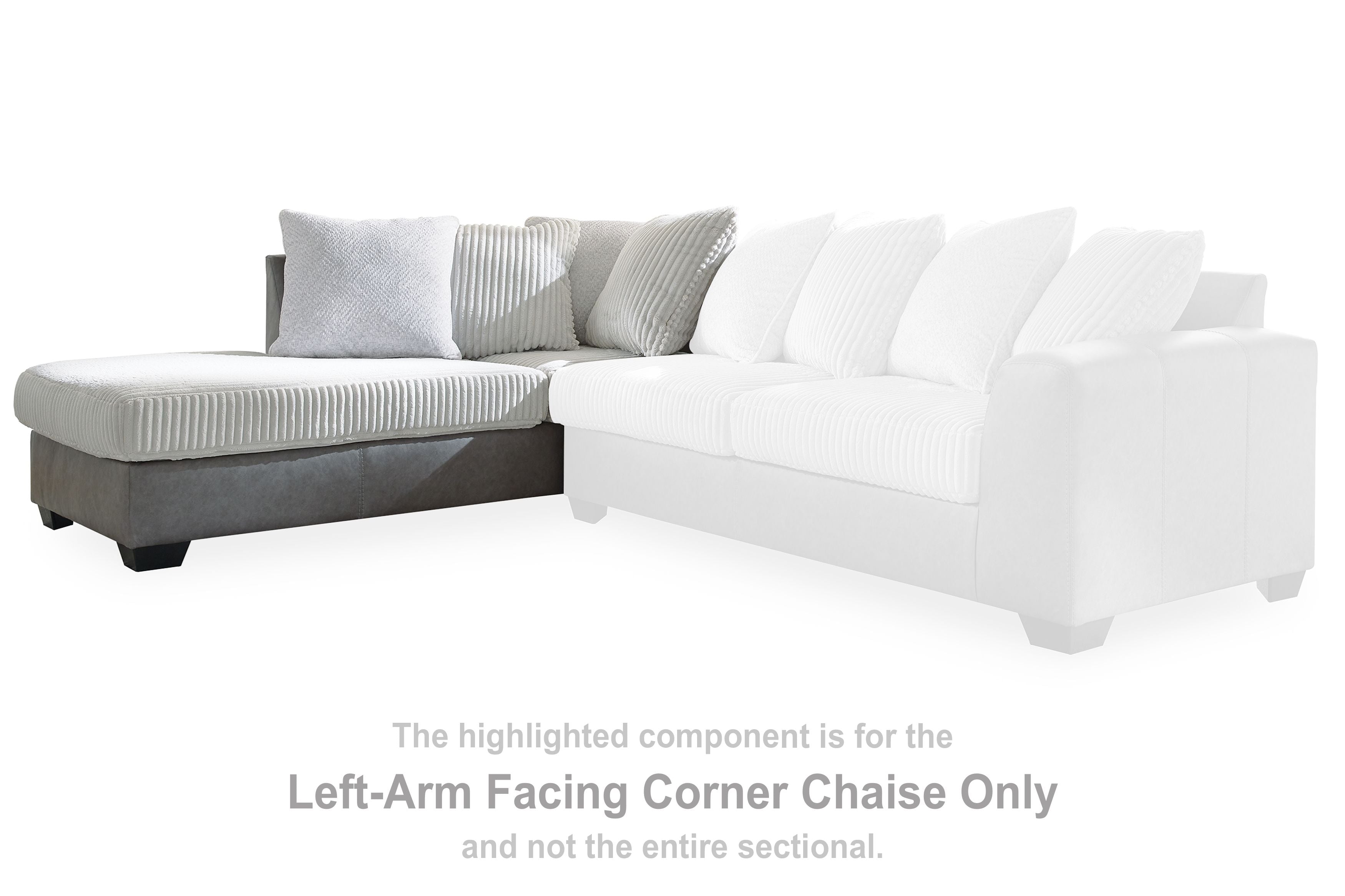 Corner chaise section with ribbed light cushions and multiple pillows