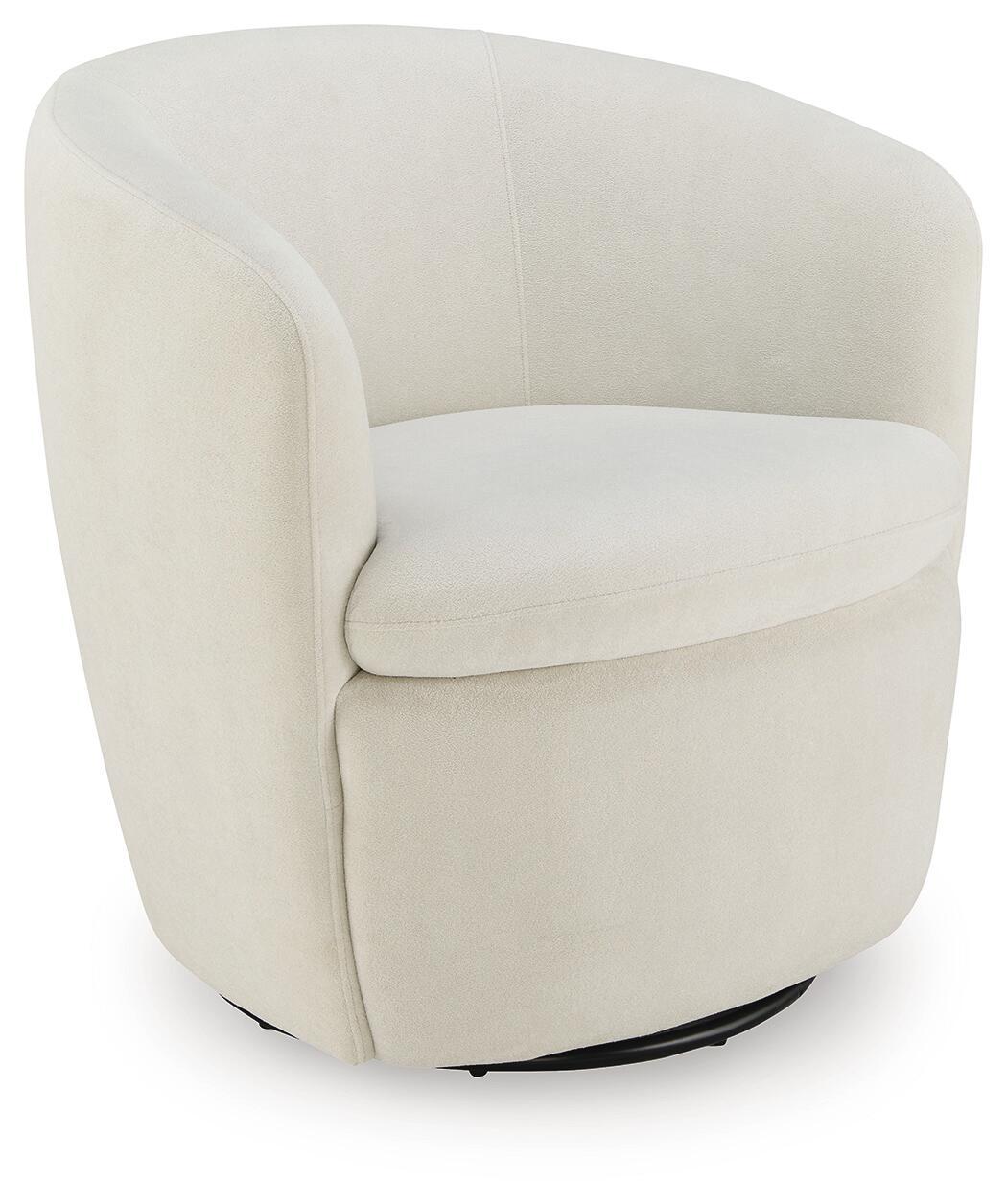 Swivel accent chair in light cream velvet with rounded arms and cushioned seat.