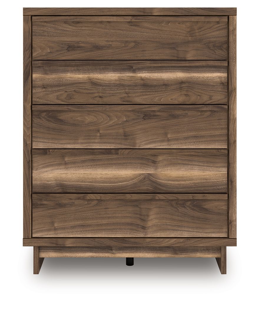 Brown five-drawer wide chest with straight drawer lines and wood-grain paneling