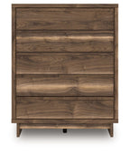 Brown five-drawer wide chest with straight drawer lines and wood-grain paneling