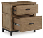 Light brown two-drawer nightstand with open compartments and black bar handles