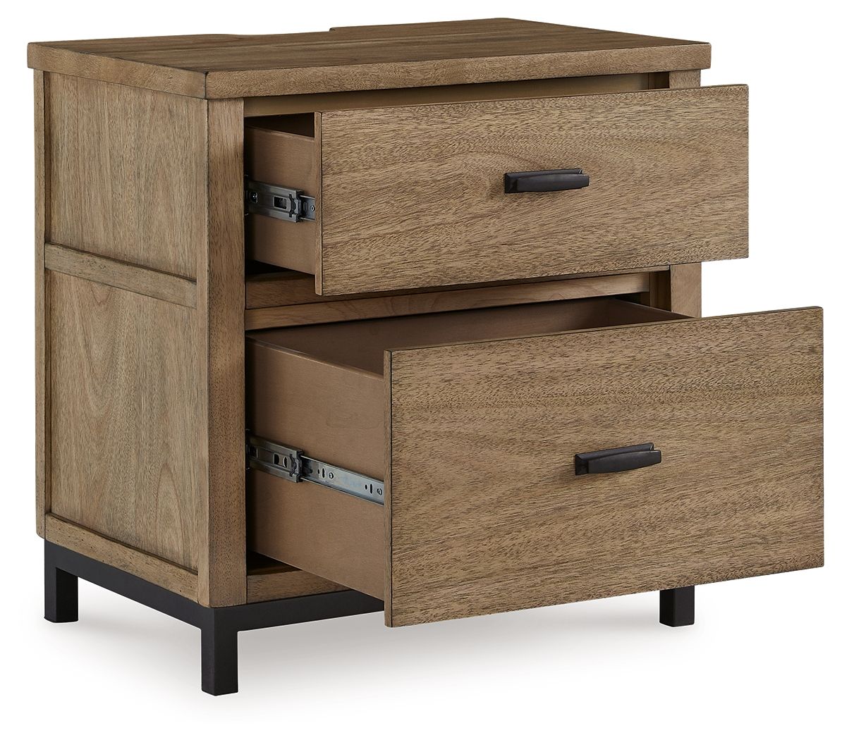 Light brown two-drawer nightstand with open compartments and black bar handles