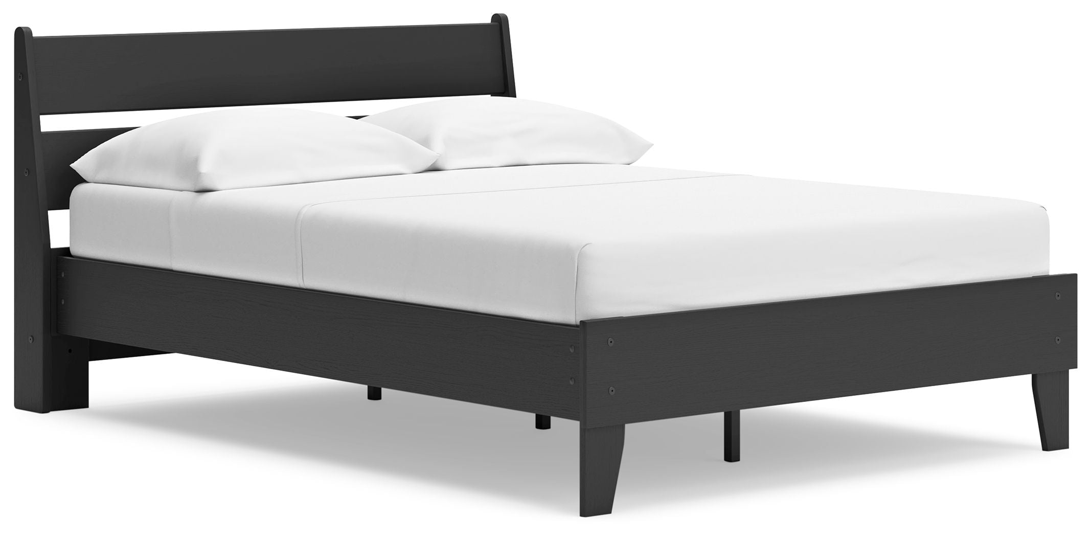 Black panel platform bed with white mattress and two pillows