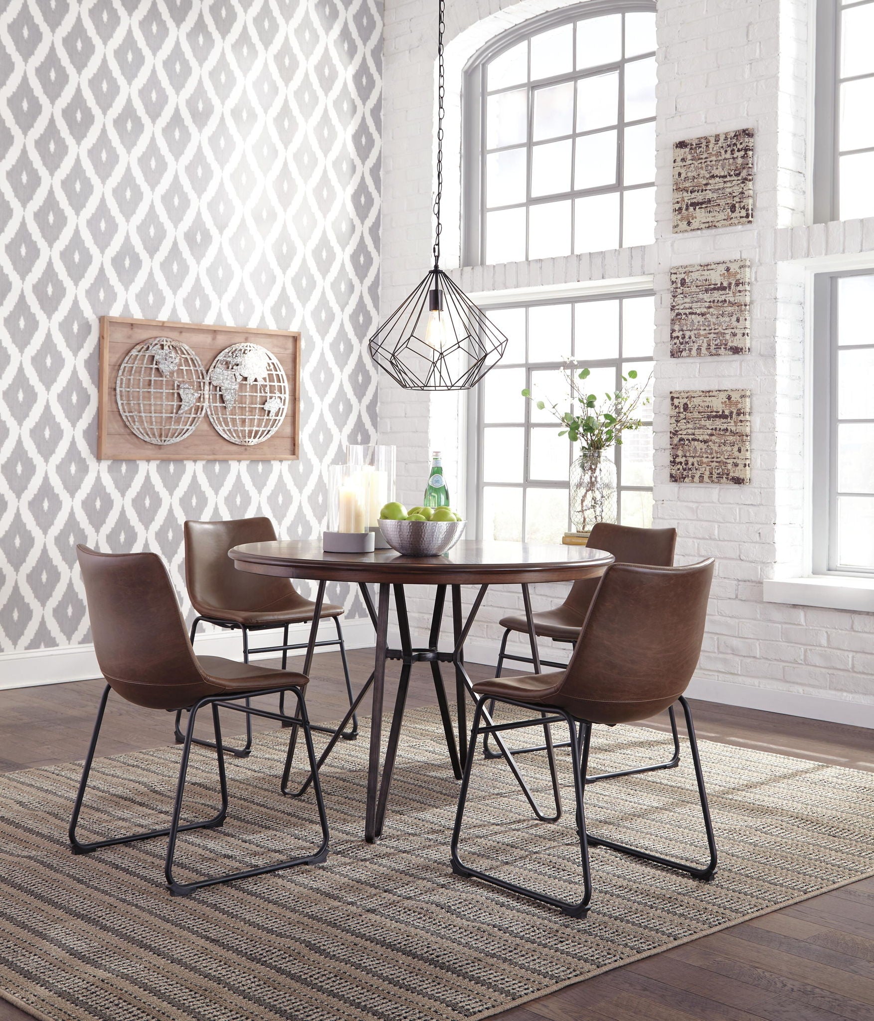 Pair of upholstered side chairs with brown seats and black metal frames