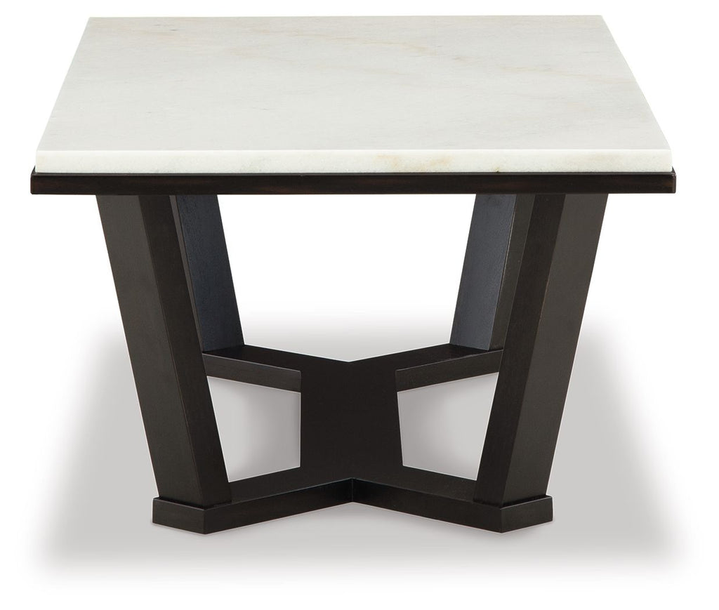 Rectangular cocktail table, white tabletop with dark espresso apron and legs