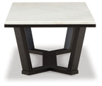 Rectangular cocktail table, white tabletop with dark espresso apron and legs