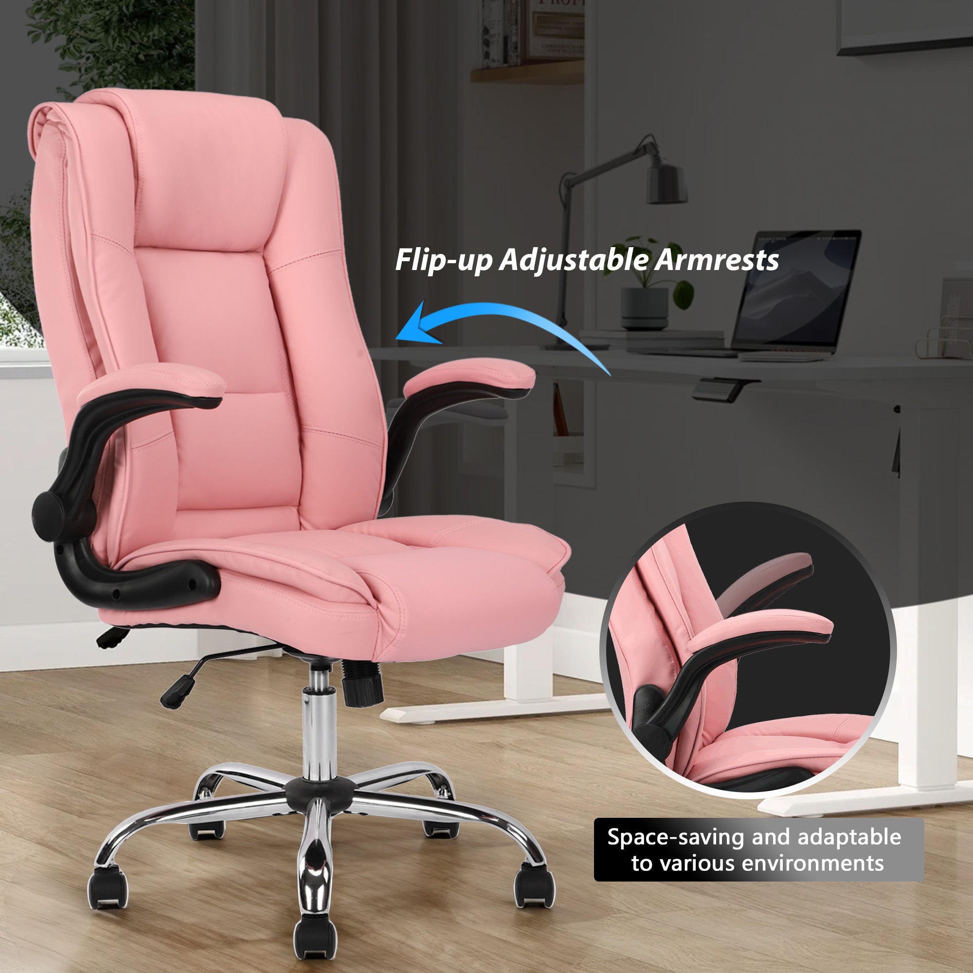 Pink Executive Office Chair Leather Flip-Up Armrests