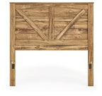 Crossbuck panel headboard in light brown wood with V crossbuck center and side posts