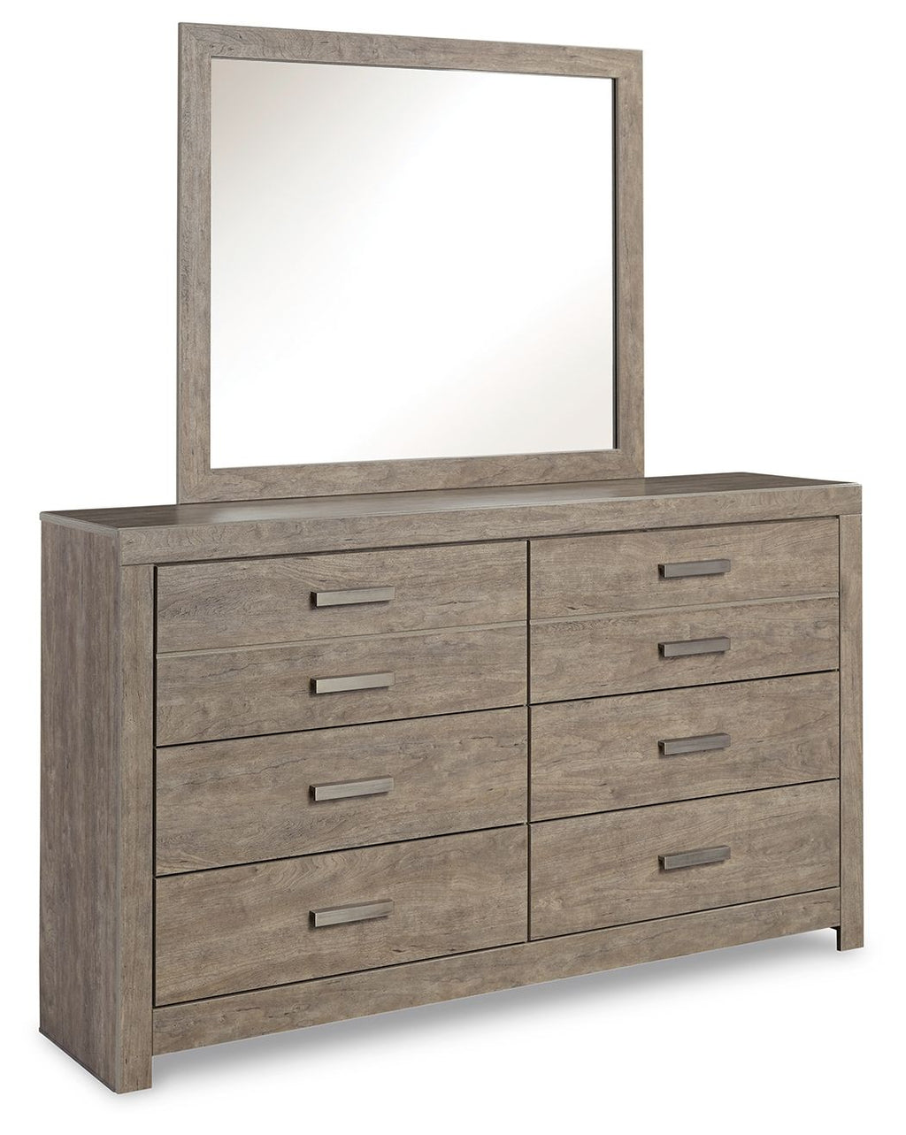 Gray dresser with square mirror and six drawers, each with brushed metal handles.