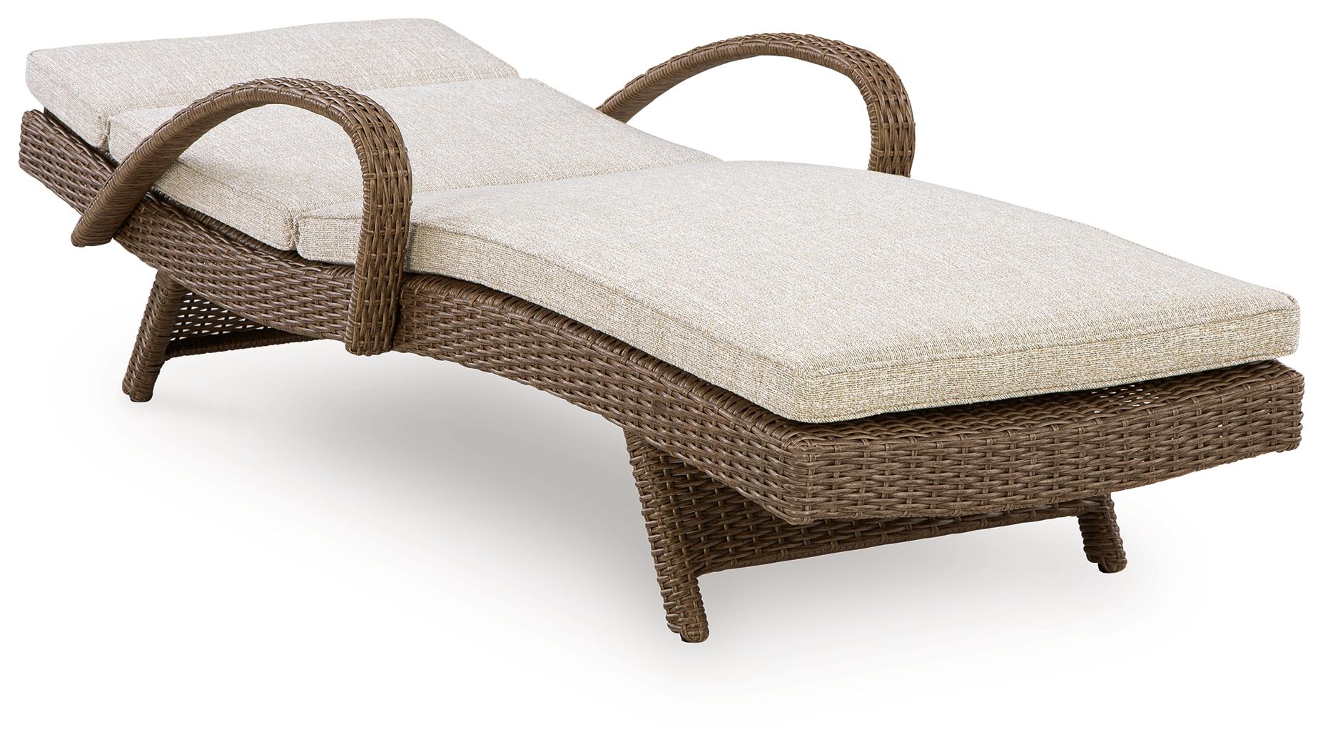 Beige chaise lounge with cushion, low woven frame with arched armrests
