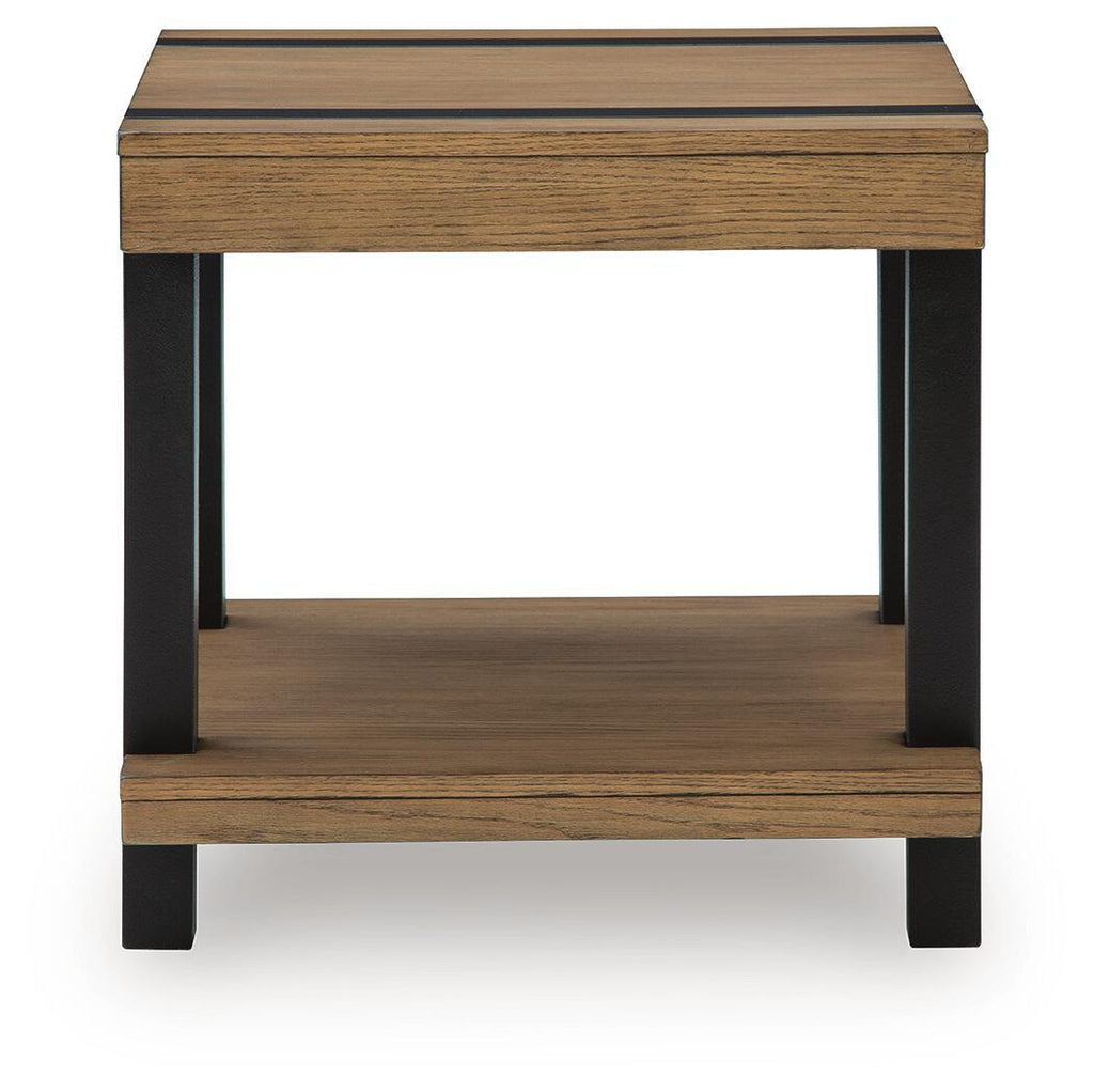 Light brown end table with black legs and open lower shelf, rectangular frame