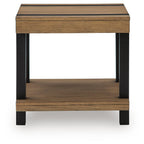 Light brown end table with black legs and open lower shelf, rectangular frame
