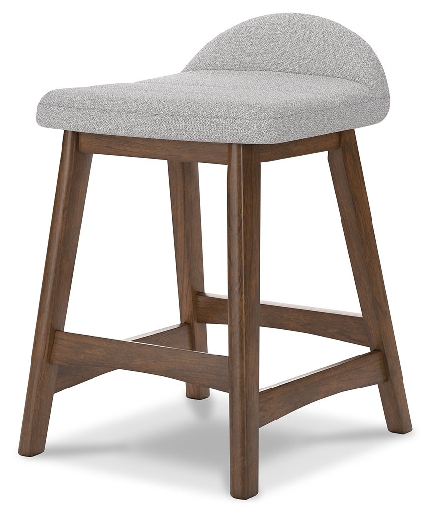 Upholstered barstool with rounded gray cushion seat, dark wood frame and legs