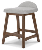 Upholstered barstool with rounded gray cushion seat, dark wood frame and legs
