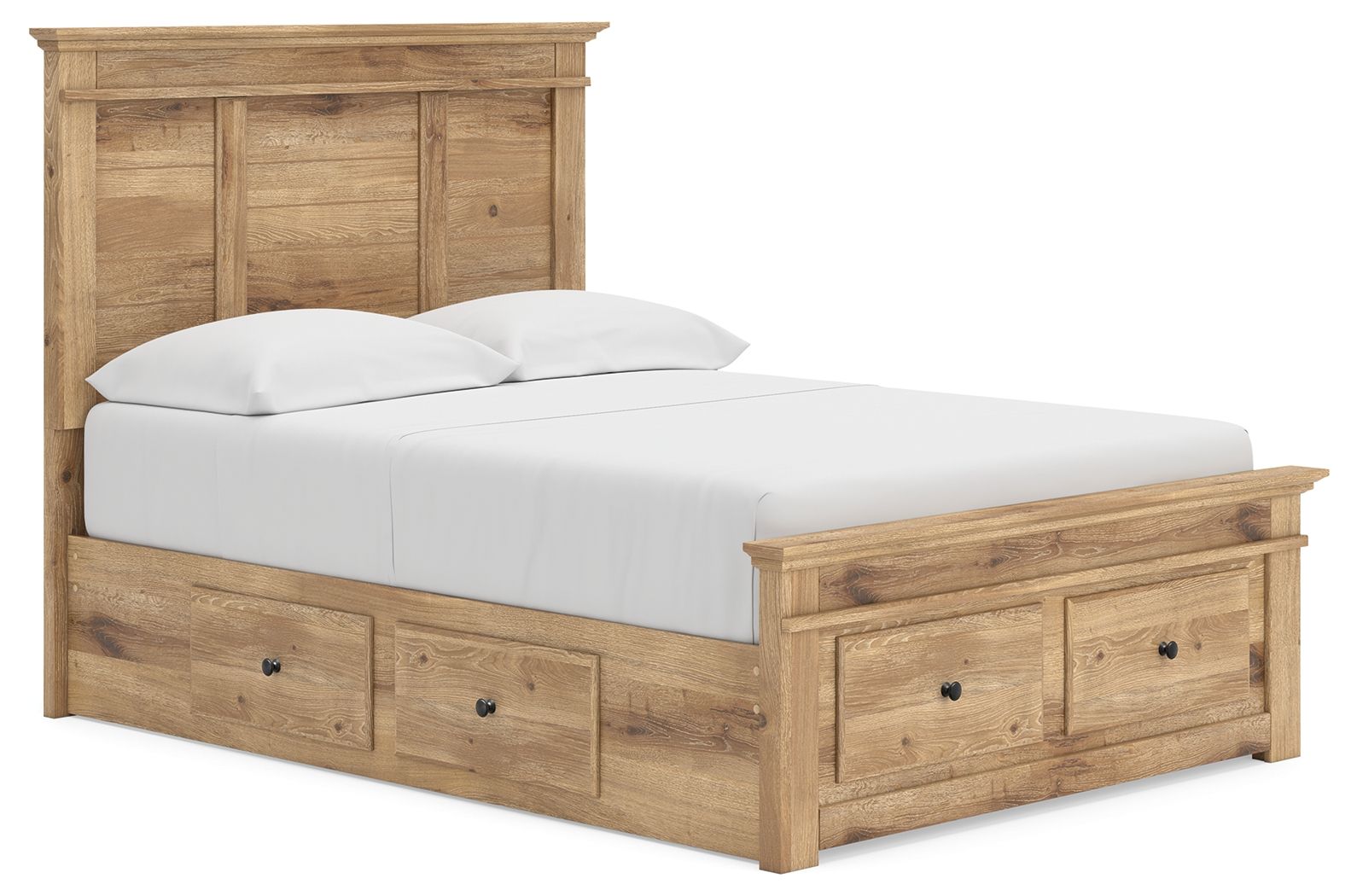 Light brown panel storage bed with white mattress and drawer footboard