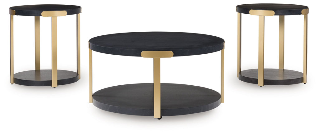 Round black nesting tables with brass-finish legs and matching lower shelves