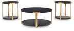 Round black nesting tables with brass-finish legs and matching lower shelves