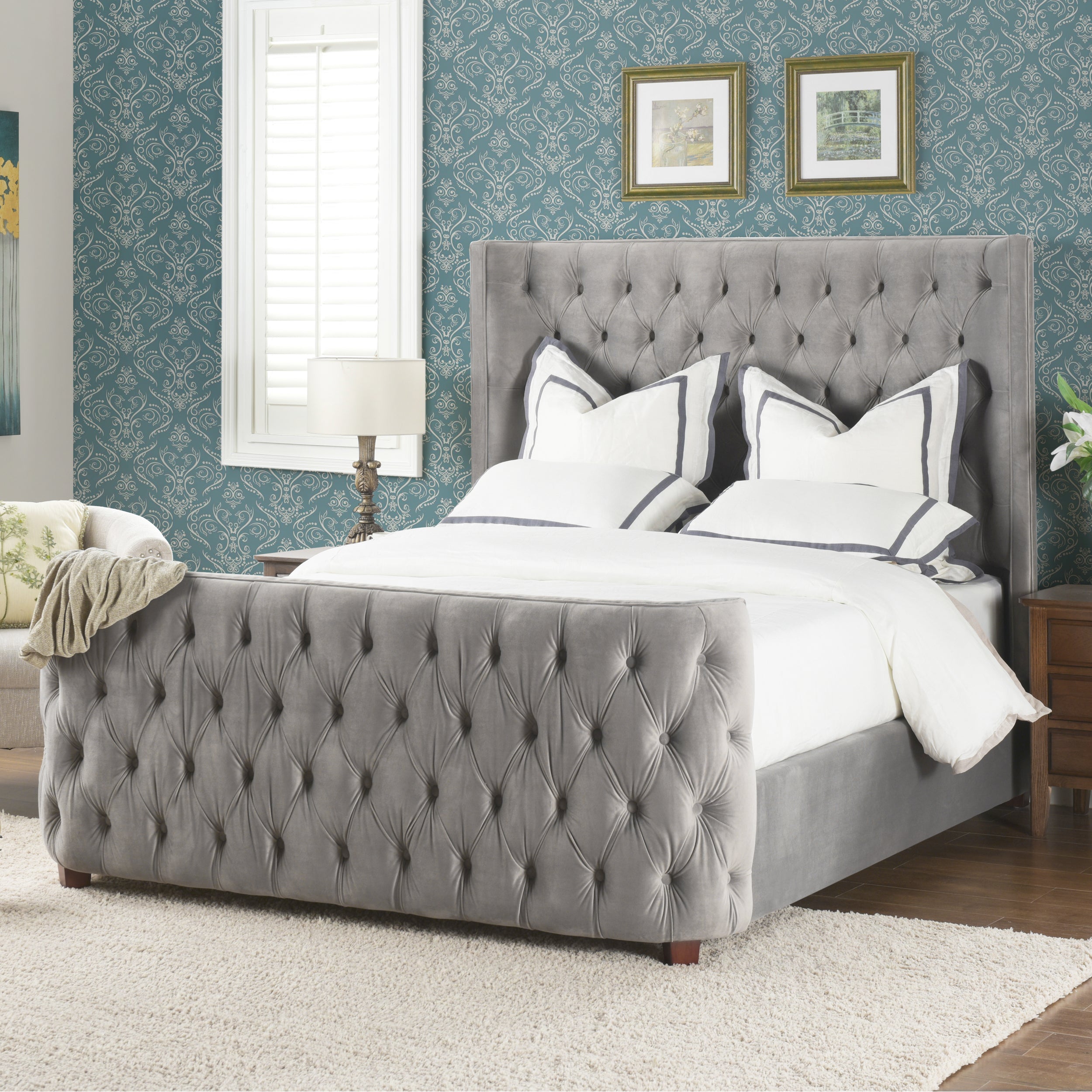 Brooklyn Queen Tufted Panel Bed H/F Set, Opal Grey Velvet
