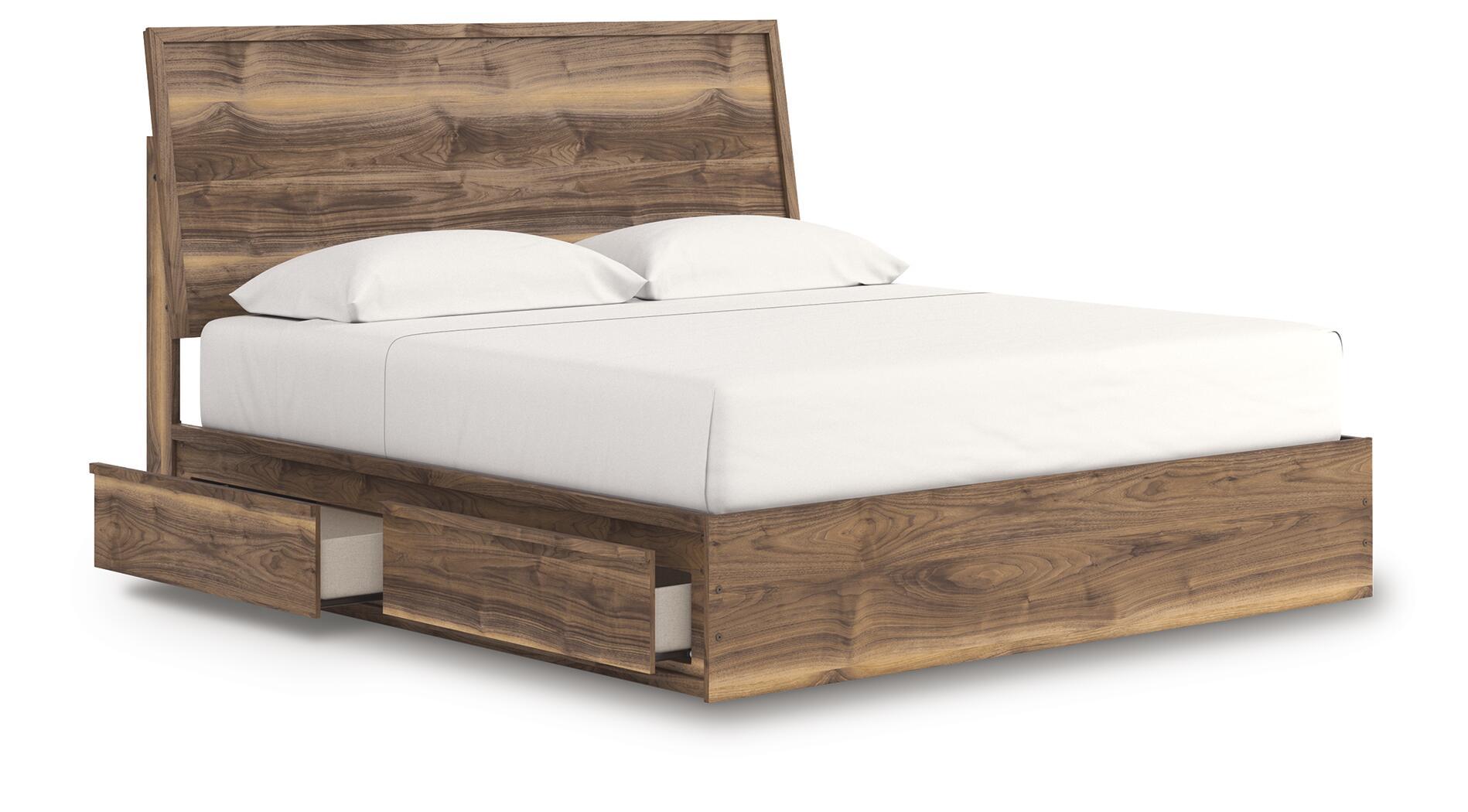 Dark brown wood panel bed with side storage drawers, white mattress and pillows