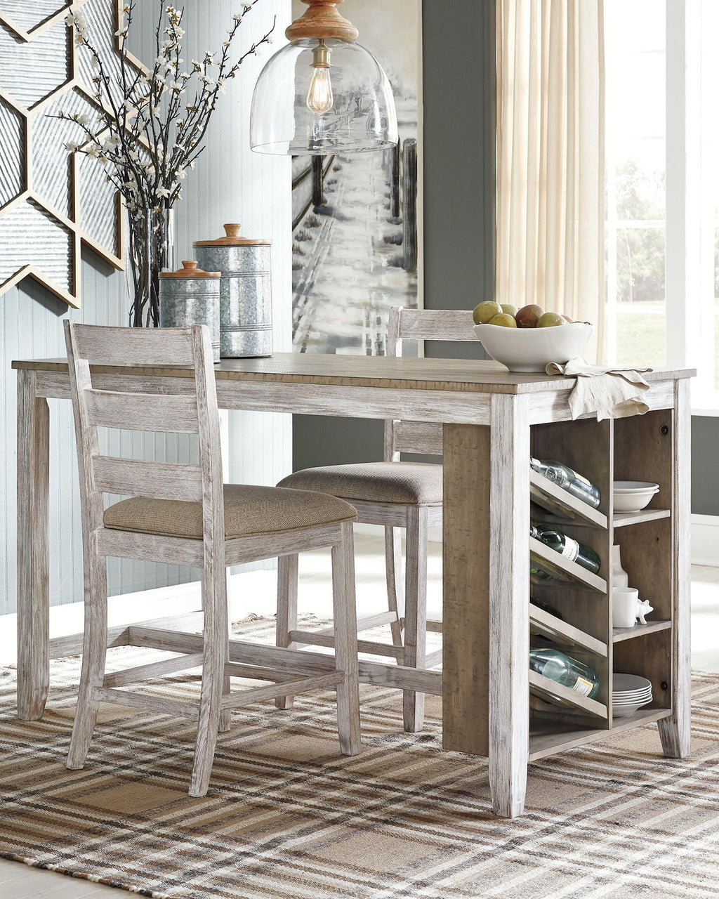 White rectangular counter table with open side storage shelves