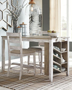 White rectangular counter table with open side storage shelves