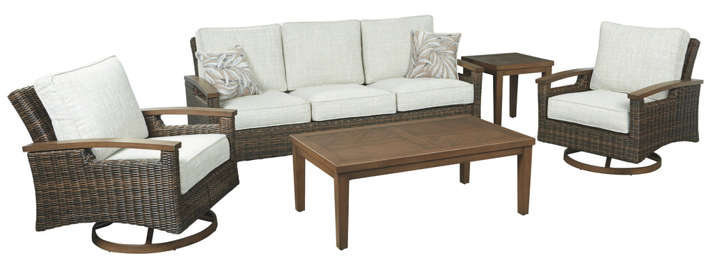 Settee-style sofa with beige cushions and patterned throw pillows, shown with matching chairs