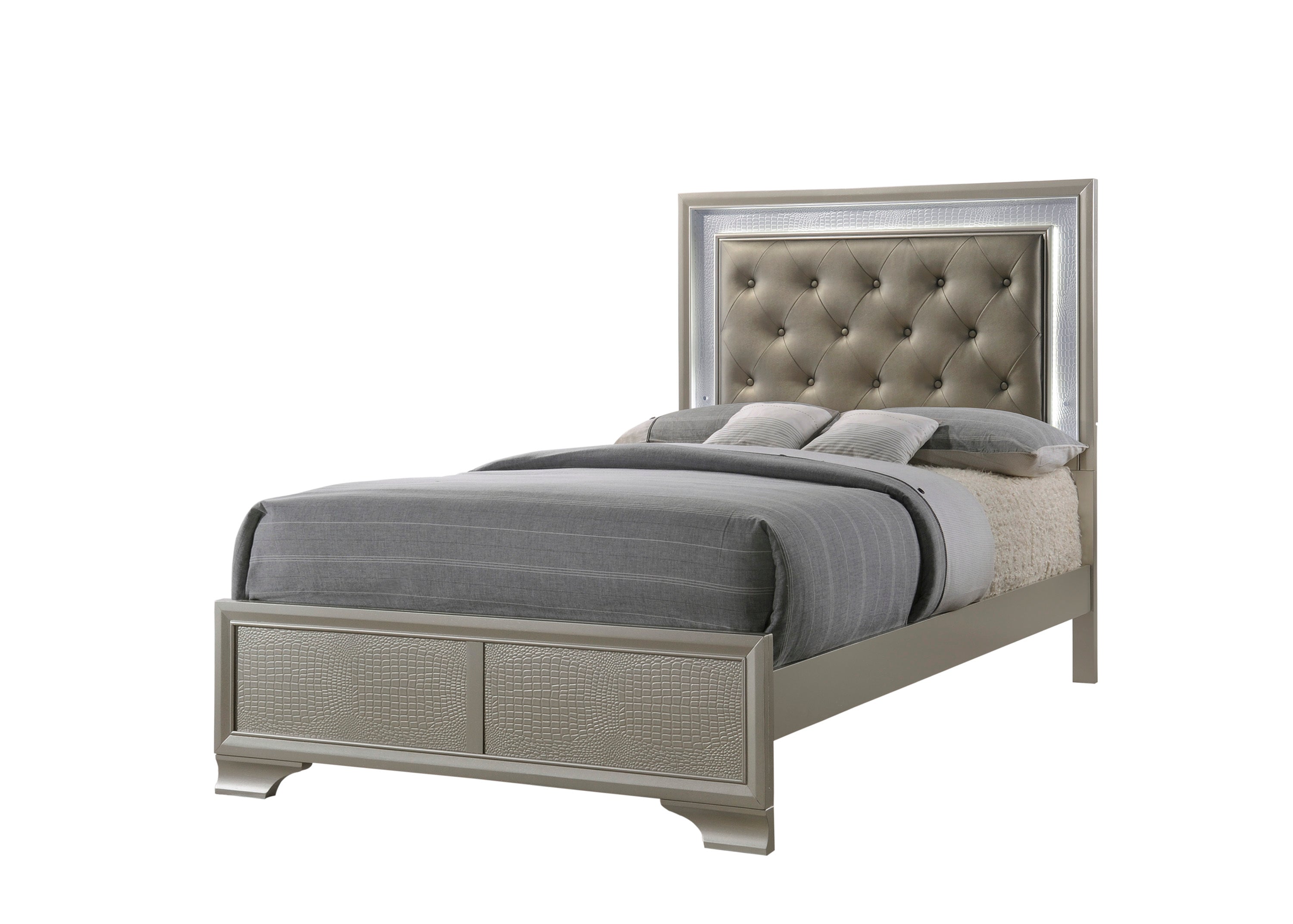 Modern Champagne Crocodile Skin Twin LED Panel Bed Faux Diamond Tufted