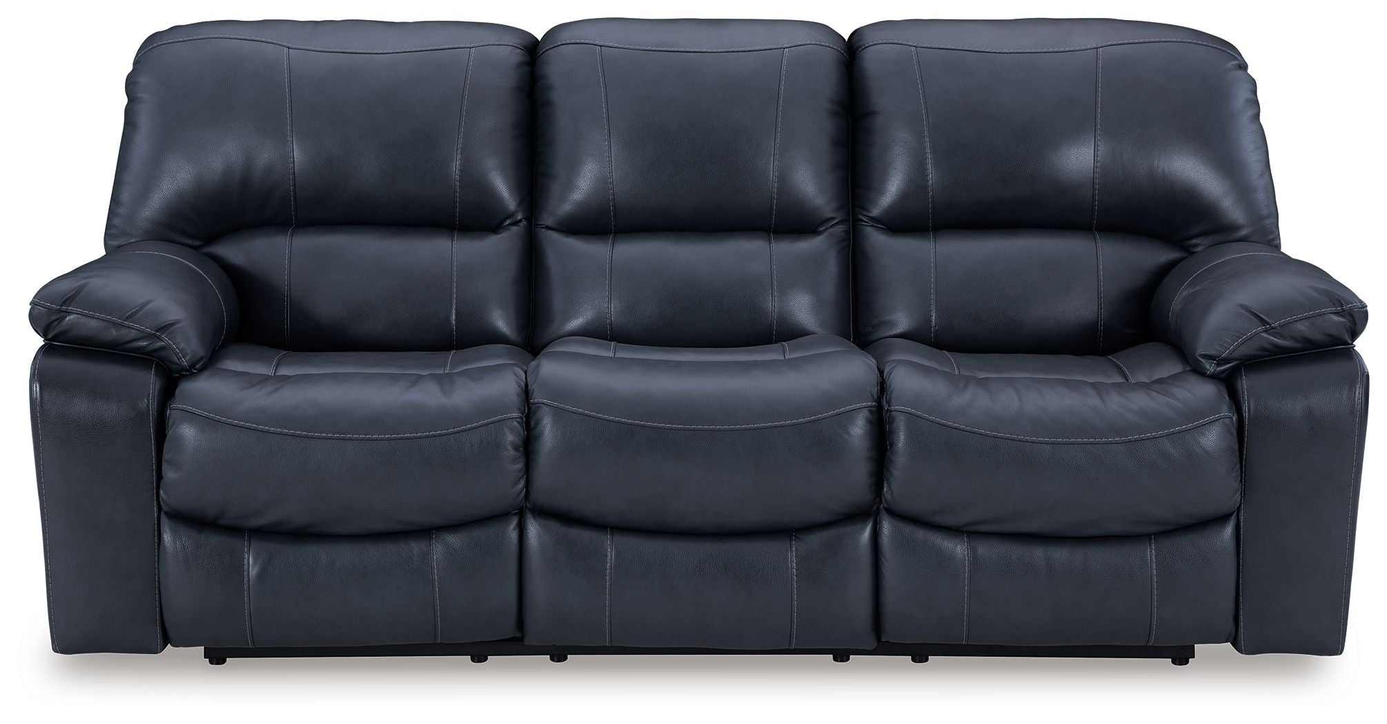 Leesworth ocean reclining sofa in blue with three padded headrests and rolled arms.